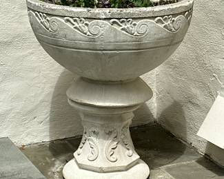 MONUMENTAL SCULPTED GARDEN URN ON STAND 32" DIAMETER #1 | Large pedestal garden urn or planter (terracotta pot within).Very heavy
Dimensions: h. 37.5 x dia. 32 in