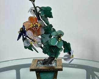 Chinoiserie Glass & Stone Sculpture #1 | Vintage chinoiserie jade, amber, and quartz or other stone decorative floral/bonsai tree sculpture in brass planter. - h. 8” x w. 5” in