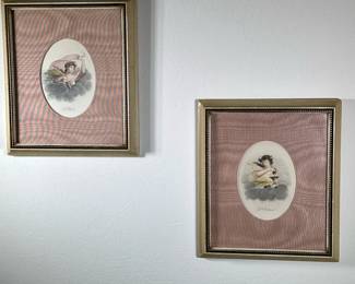 (2pc) Unknown Artist, Portraits - "Four Seasons Women" | Portrait of "Four Seasons Women" featuring "L'Ete" (the summer) and L'Automne (the autumn). Vintage prints. Framed (gold frame) and matted (pink fabric matting) Sight: h. 6 x w. 4.5 - h. 12 x w. 10.5 in (Frame)