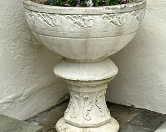 MONUMENTAL SCULPTED GARDEN URN ON STAND 32" DIAMETER #2 | Large pedestal garden urn or planter, with etched design. Very heavy.
Dimensions: h. 38 x w. 32 in