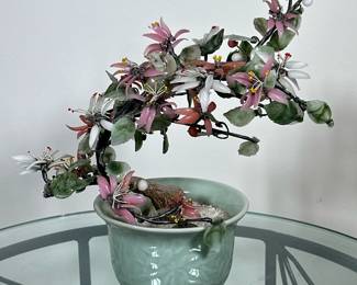 Chinoiserie Glass & Stone Sculpture #3 | Vintage chinoiserie jade and quartz or other stone decorative floral/bonsai sculpture in pale green colored planter.
- h. 10.5 x w. 10.5 in