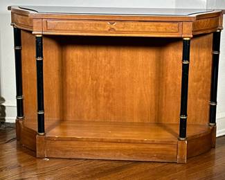Drexel Burlwood Entry Table | Vintage (mid century) Drexel "Repertoire Collection" burlwood entry table with black marble top and black/gold painted turned legs. - h. 29 x w. 44 x d. 12 in