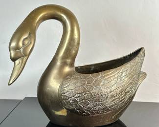 Brass Swan Planter - Twisted Neck | Vintage (1950's) solid brass (heavy) swan-shaped planter with twisted neck. - h. 14 x w. 9 x l. 17 in
