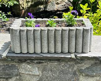 Concrete Planter #5 | Large concrete rectangular-shaped outdoor planter with scalloped edges. Includes plants. - h. 7.5 x w. 12 x l. 24 in