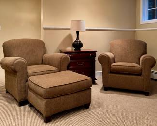 (2) Crate & Barrel Armchairs & Ottoman