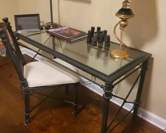 Console / desk table, glass & iron, matching chair