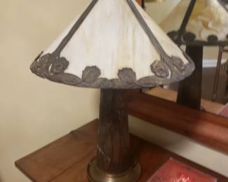 Antique metal lamp w slag glass lamp shade