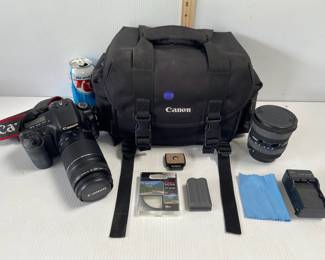 CANON EOS DIGITAL 20D CAMERA WITH TELEPHOTO LENS & BACK UP SIGMA LENS, CARRYING CASE, 2 RECHARGEABLE BATTERIES & ACCESSORIES