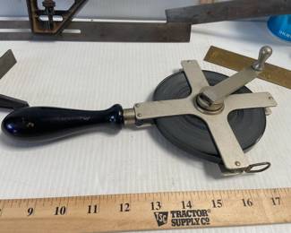VINTAGE KEUFFEL & ESSER CO. WYTEFACE " A" METAL 100 FT. TAPE MEASURE & OTHER VINTAGE MEASURING TOOLS