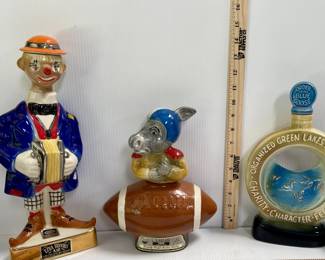 VINTAGE EZRA BROOKS KENTUCKY BOURBON DECANTER; VINTAGE WHISKEY CLOWN DECANTER; VINTAGE JIM BEAN DECANTER