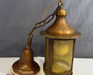 Vintage Spanish Revival Hanging Lantern with Amber Glass