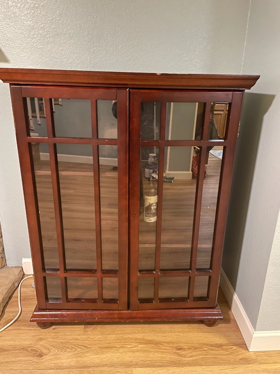 Antique Curio - Multi-shelf wood cabinet with wood shelving 48x15.5x38