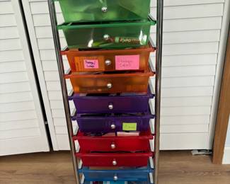 Multi- color 10-bin rolling Arts/Crafts or office supplies storage unit. Tray size 10x3 inches.