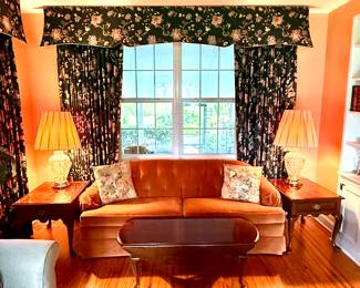 Velvet Couch Queen Anne End Tables, Lamps