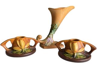 Roseville Pottery Cosmos Vase & Water Lily Candlesticks