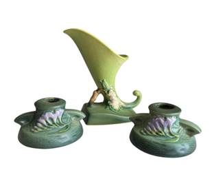 Roseville Pottery Freesia Candle Holders & Green Apple Blossom Vase