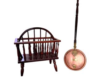Turned spindle magazine rack , copper bed warmer