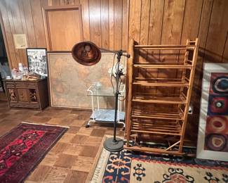 Antique bakers rack, rugs, large vintage school map, vintage lamps, vintage barware