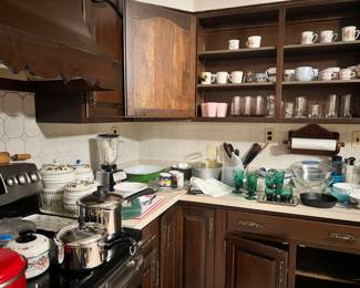 Glass ware, kitchen ware, pots, pans, bakeware, mugs blender