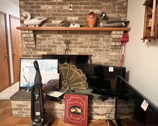 Decoys, brass fireplace screen, tvs