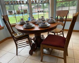 Antique Oak table, mismatched antique chairs