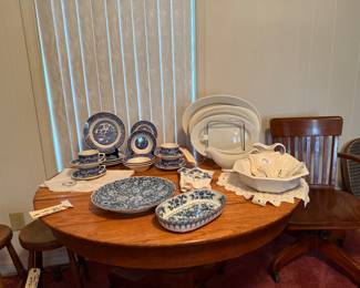 White ironstone platters, blue and white