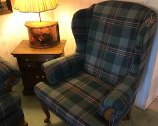 Plaid chair has a matching 3 cushion sofa, end table has a cute diorama lamp on top!