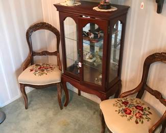 Embroidered chairs, cute curio cabinet and figurines!