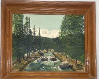Vintage Signed Oil Painting of Landscape with Forest Stream