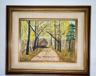 Vintage Signed Oil Painting of Covered Bridge in Fall