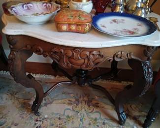 Carved wood marble accent table