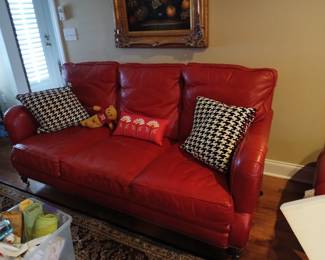 Hickory North Carolina beautiful red leather sofa, has matching chair & 2 ottomans