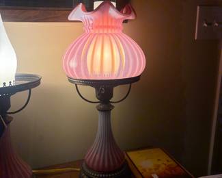 Fenton opalesant cranberry lamp set