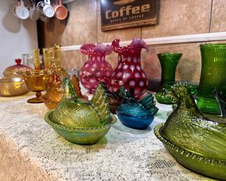 Cranberry Fenton glass, carnival glass, and more