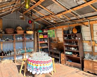 Check out our beautiful glassware, swag lights, and more, in the Barn!