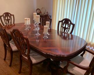 Dining table, two leaves, six chairs