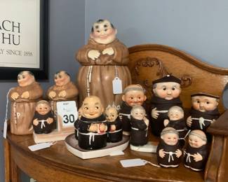 Friar Tuck Cookie jar, salt and pepper shakers, cream and sugar