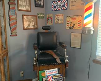 Antique barber chair and barber collectables