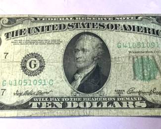 1950 Ten Dollar $10 Old US Currency Federal Reserve Note Green Seal
