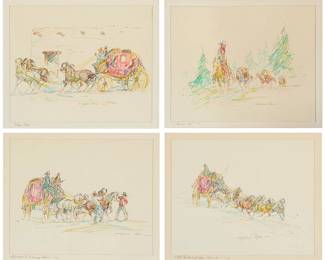 80
Marjorie Reed (1915-1996)
Four works:
"Stage Stop"
Colored pencil and brown ink on paper
Signed in brown ink lower center: Marjorie Reed; titled in brown ink on the lower edge of the overmat, at left
Sight: 7.5" H x 9.5" W
"Packin' In"
Colored pencil and brown ink on paper
Signed in brown ink lower right: Marjorie Reed; titled in brown ink on the lower edge of the overmat, at left
Sight: 7.5" H x 9.5" W
"Putting to a Lively Team"
Colored pencil and black ink on paper
Signed in black ink lower right: Marjorie Reed; titled in black ink on the lower edge of the overmat, at left
Sight: 7.5" H x 9.5" W
"The Butterfield Stage Rolls On"
Colored pencil and black ink on paper
Signed in black ink lower center: Marjorie Reed; titled in black ink on the lower edge of the overmat, at left
Sight: 7.5" H x 9.5" W
Estimate: $800 - $1,200
