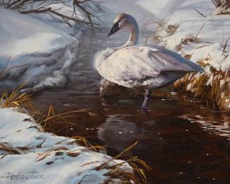 133
Dustin Van Wechel
b.1974
"Ivory Down," 2017
Oil on canvas panel
Signed lower left: D. Van Wechel; signed again, titled, and dated verso: 2017
10" H x 12" W
Estimate: $800 - $1,200