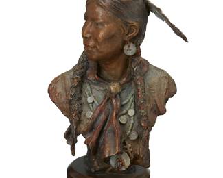 20
John Coleman
b. 1949
"Girl from Wind River," 2012
Cold-painted bronze on wood plinth
Edition: 35/35
Signed, dated, titled, and numbered in the casting: John Coleman / CA / ©
Bronze: 8.75" H x 5.875" W x 4.625" D; Overall: 10.125" H
Estimate: $1,000 - $1,500