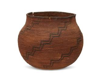 123
A Chemehuevi basket
Early 20th century; Great Basin/Southwest United States
A coiled olla with five stepped columns
6.5" H x 8" Dia.
Estimate: $200 - $400
