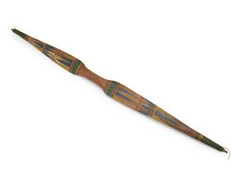 206
A polychrome Modoc/Klamath painted bow
Early 20th century; Northern California/Southern Oregon
A shaped wood bow with painted geometric motifs in red, blue, green, and yellow, with a braided fine string cord
39.75" L x 2.5" H
Estimate: $1,000 - $1,500