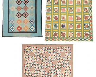364
Late 19th/early 20th century
A group of Amish and early American quilts
Comprising three multicolored hand-stitched and quilted patchwork quilts in various designs and colors including an Amish "Hole in the Barn Door" or "Monkey Wrench" pattern quilt on a blue field with diagonal and floral motif quilting, with black border, binding, and backing, (81.25" H x 56" W), as well as one with concentric rows of triangles surrounding taupe sprigged cotton diamonds and border, with a blue and white gingham binding and backing, (78" H x 75.5" W), and one with a sawtooth variation pattern, with a lattice motif in green and yellow surrounding large squares of sawtooth-and-square motifs, with a contrast binding and a cream cotton backing (88" H x 69" W)
3 pieces
Estimate: $400 - $600