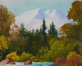 174
Willard Page
1885-1958
"Mount Ypsilon"
Oil on paperboard
Signed with initials lower right: WP; titled in pencil by the artist's wife, and with the artist's studio ink stamp, both on the frame's backing paper
3.5" H x 3.5" W
Estimate: $200 - $400