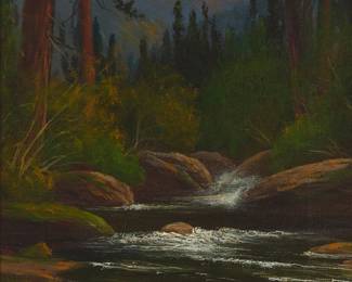 107
James Everett Stuart
1852-1941
"Pyramid Peak and Lyons Creek from near Wilson's Cattle Camp, California," 1914
Oil on canvas
Signed, dated "Sept. 2 1914," and numbered "1941," all lower right: J E. Stuart; signed, dated, and numbered again, and titled, all verso
18" H x 12" W
Estimate: $500 - $700