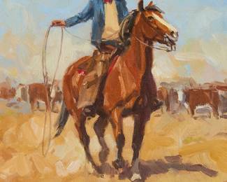 56
Nicholas Samuel Firfires
1917-1990
Roper on horseback, 1970
Oil on canvas
Signed and dated lower left: Nicholas S. Firfires 1970 © CA
10" H x 8" W
Estimate: $800 - $1,200