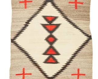 200
A Navajo regional rug
Early 20th century, Diné
Woven in grey, cream, black, and red wool, with a central serrated diamond and floating crosses
60" H x 47.5" W
Estimate: $600 - $900
