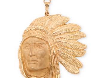 184
A James Hutchinson 14k gold Sitting Bull portrait medallion pendant necklace
James Hutchinson (b. 20th century)
Signed and with edition No. 37/1 verso; further stamped: 14K / Jewel Masters Inc / Palm Beach / ©
Comprising a cast gold portrait pendant of Sitting Bull (Hunkpapa Lakota, c. 1831-1837 - 1890), attached with a hinged bail to a gold link necklace designed with highly polished, textured arrowhead-shaped links with foldover clasp
2 pieces
Pendant: 3.25" x 2.75" W; necklace: 21" L
130.4 grams gross
Estimate: $5,000 - $7,000